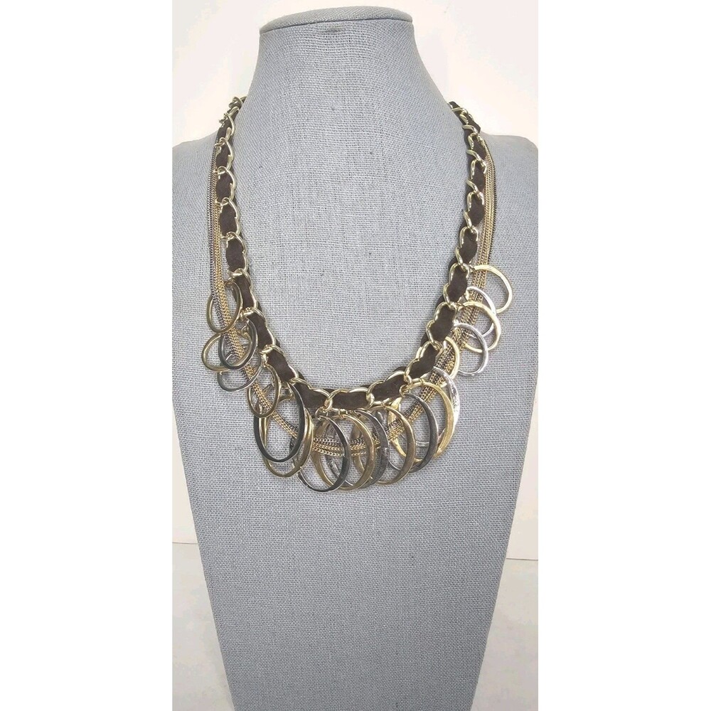 Gold Tone Statement Bib Multi Ring Necklace Brown Accents Adjustable Curb Link
